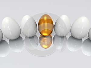 Golden egg in a row of the white eggs. 3D.