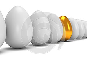 Golden egg in a row of the white eggs. 3D.