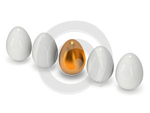 Golden egg in a row of the white eggs