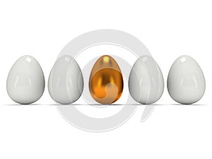 Golden egg in a row of the white eggs