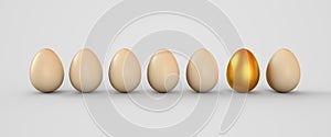 Golden egg in a row of the white eggs. Easter eggs. 3D rendering illustration