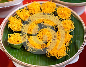 Golden egg strip is Thai desserts made from eggs, Thai dessert Thai name is Foi Thong