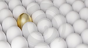Golden egg among white eggs, symbol of richness or success, 3D render