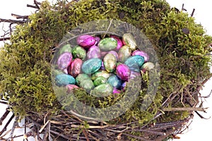 Golden eggs in bird nest over white