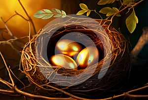 golden eggs in a bird nest on a tree.