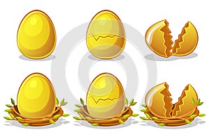 Golden Eggs in birds nest of twigs. Vector Easter symbol. Normal, damaged and broken.