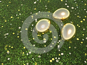 Golden Eggs lying in green meadow