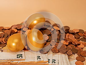 Golden eggs on money. Golden chicken eggs on euro banknotes and coins.