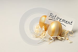 Golden eggs, pension savings, investments, retirement, space for text