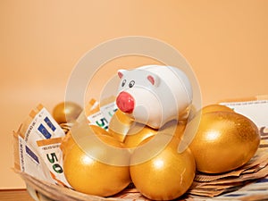 Golden eggs and piggy bank on money. Golden chicken eggs on euro banknotes and coins.