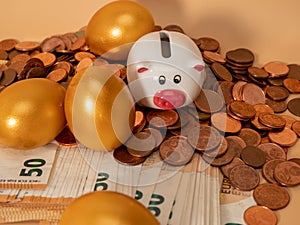 Golden eggs and piggy bank on money. Golden chicken eggs on euro banknotes and coins.
