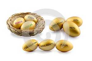 Golden eggs with types of financial and investment product. photo