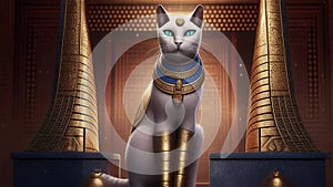 Golden Egyptian magic divine cat, cat in the temple of the Egyptian goddess