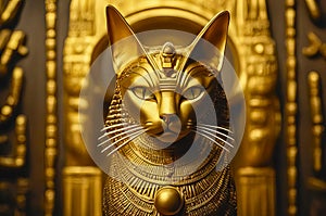 Golden Egyptian magic divine cat, cat in the temple of the Egyptian goddess