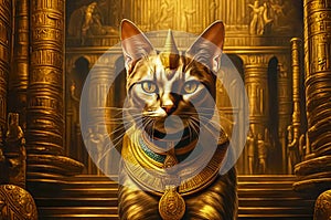 Golden Egyptian magic divine cat, cat in the temple of the Egyptian goddess