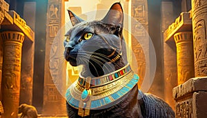 Golden Egyptian magic divine cat, cat in the temple of the Egyptian goddess