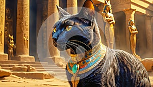 Golden Egyptian magic divine cat, cat in the temple of the Egyptian goddess