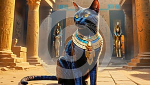 Golden Egyptian magic divine cat, cat in the temple of the Egyptian goddess