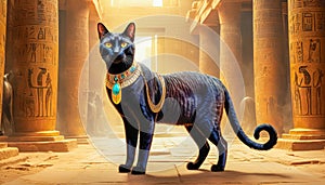 Golden Egyptian magic divine cat, cat in the temple of the Egyptian goddess