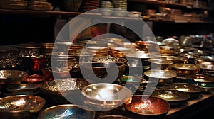 Golden Elegance Collection of Intricately Designed Bowls Displayed in a Warmly Lit Artisan Market