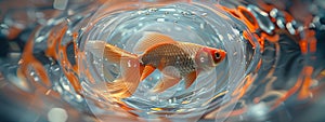 Golden elegance of the fractal fish: a radiant goldfish emerges from a swirling tapestry of fractal patterns. photo