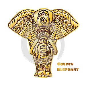 Golden elephant. Ornamental card. Vector illustration. Meditation, yoga, india arabic