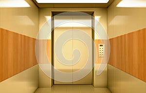 Golden elevator cabin with closed doors inside