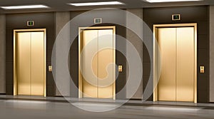 Golden elevator with closed doors in hallway