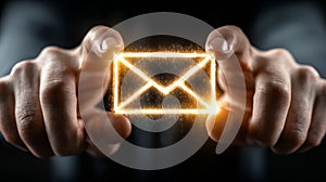 Golden Email Icon Glowing Between Two Hands