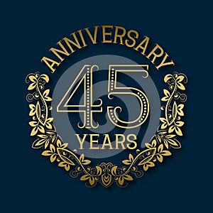 Golden emblem of forty fifth years anniversary. Celebration patterned logotype