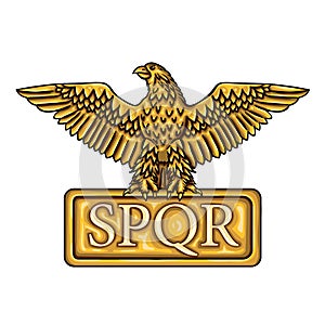 Golden emblem of Roman Empire SPQR with eagle.