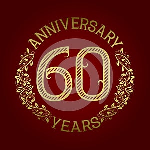 Golden emblem of sixtieth anniversary. Celebration patterned sign on red