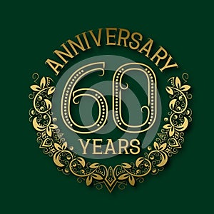 Golden emblem of sixtieth years anniversary. Celebration patterned logotype