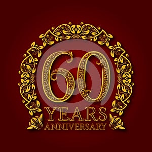 Golden emblem of sixtieth years anniversary. Celebration patterned logotype with shadow on red