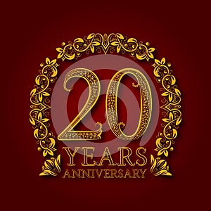 Golden emblem of twentieth years anniversary. Celebration patterned logotype with shadow on red