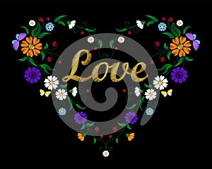 Golden embroidery flower heart with lettering word Love Valentine Day