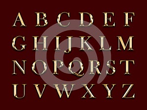 Golden english alphabet on a red background.Education concept