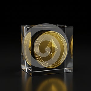 AI Generated Image of Golden Ethereum Coin Encased in Clear Cube photo