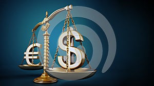 Golden Euro and Dollar signs standing on the scales of a balanced scale. 3D illustration