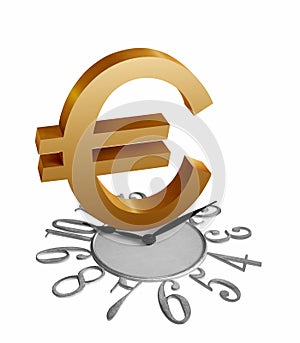 Golden Euro sign/symbol on a clock isolated in white background