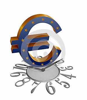 Golden Euro sign/symbol with E.U. flag on a clock isolated in white background