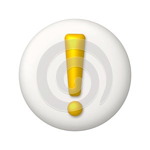 Golden exclamation mark symbol on a white button. Attention or caution sign icon. 3d realistic design element
