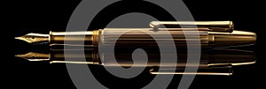 Golden exquisite gold fountain pen on black background, expensive fountain ink pen, banner