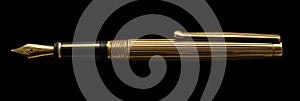 Golden exquisite gold fountain pen on black background, expensive fountain ink pen, banner