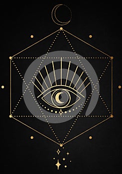 Golden eye over sacred geometry sign. Tattoo sketch. Mystical symbols, Alchemy, occultism, spirituality, coloring book