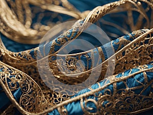 golden fabrics and ribbons with oriental patterns lie carelessly