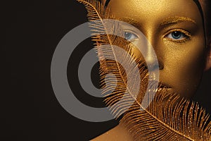 Golden Face. Woman with Luxury Gold Make-up.