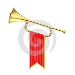 Golden Fanfare Trumpet with Red Flag. 3d Rendering