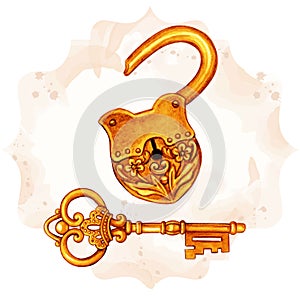 Golden fantasy victorian key and open lock
