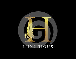 Golden Feather Letter H Luxury Brand Logo icon, vector design concept feather with letter for initial luxury business, firm, law